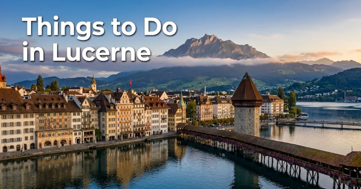 Chapel Bridge and Water Tower on Reuss River with Mount Pilatus behind, Lucerne Switzerland things to do guide hero image.