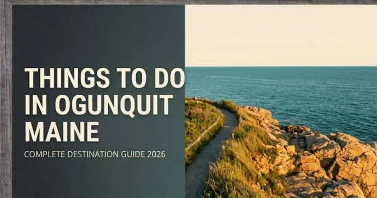 Clifftop view along the Marginal Way in Ogunquit Maine with the Atlantic Ocean at golden hour, text reads Things To Do In Ogunquit Maine