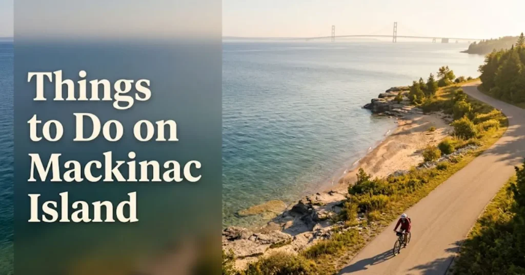 Cyclist on Mackinac Island's car-free M-185 shoreline road with Lake Huron and Mackinac Bridge in the background