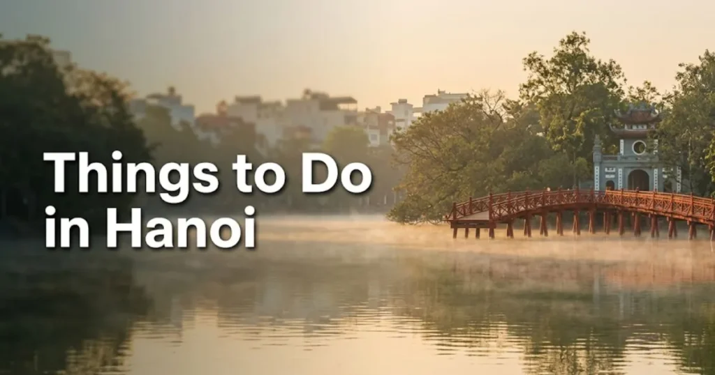 _Dawn view of Hoan Kiem Lake and Ngoc Son Temple bridge in Hanoi with things to do in Hanoi travel guide headline text overlay