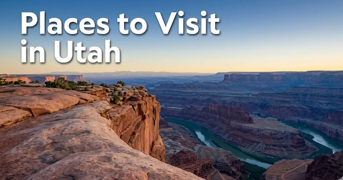 Dead Horse Point State Park overlook with Colorado River gooseneck bend at sunrise, text reading Places to Visit in Utah in the sky area.
