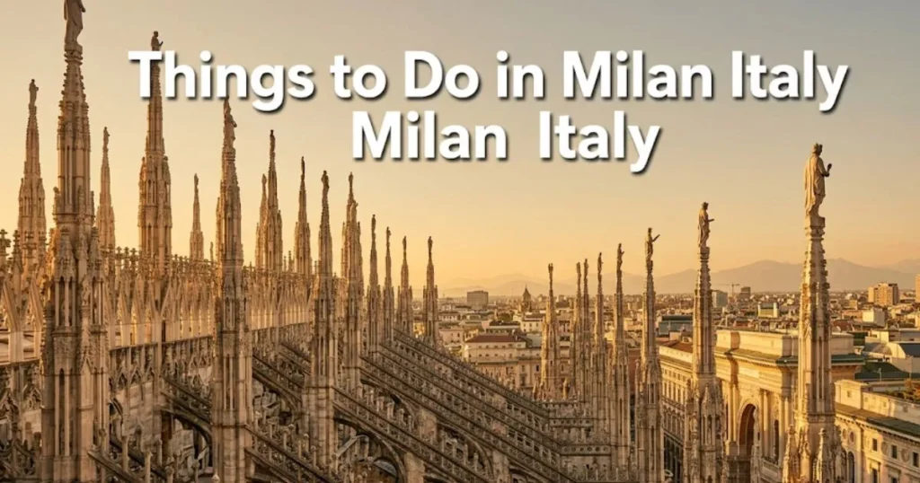 Duomo di Milano rooftop spires at golden hour with Things to Do in Milan Italy headline text overlay for editorial travel guide hero image.
