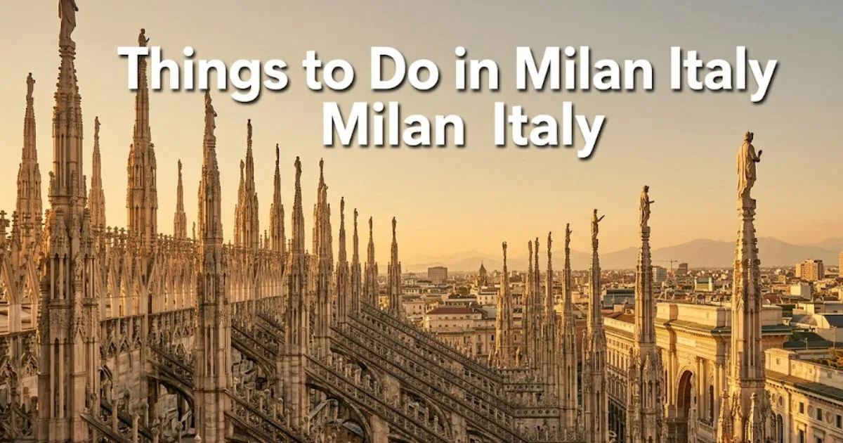 Duomo di Milano rooftop spires at golden hour with Things to Do in Milan Italy headline text overlay for editorial travel guide hero image.