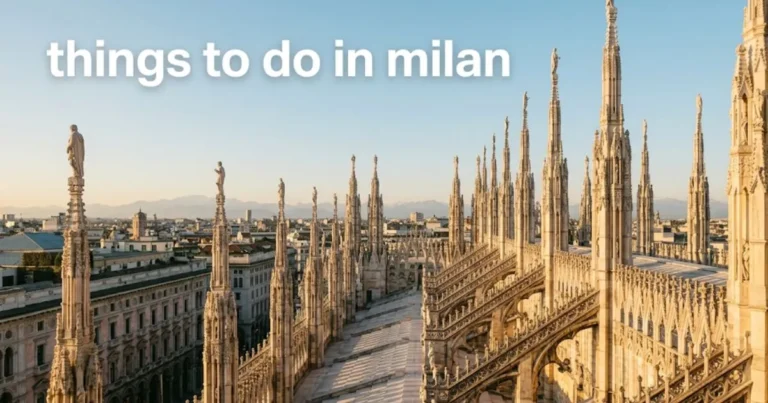 Duomo di Milano rooftop terraces with Gothic spires at golden hour, featuring the text things to do in milan in the upper left.