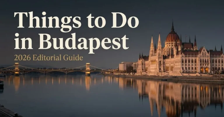 Editorial banner of Hungarian Parliament at twilight with the headline Things to Do in Budapest for a 2026 travel guide.