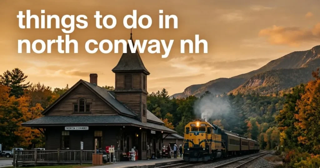 Editorial banner of the Conway Scenic Railroad train at North Conway station, framing White Mountain ledges, for a things to do in north conway nh guide.