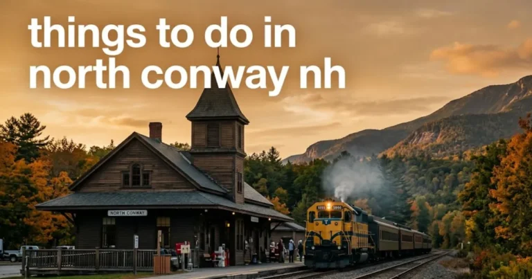 Editorial banner of the Conway Scenic Railroad train at North Conway station, framing White Mountain ledges, for a things to do in north conway nh guide.