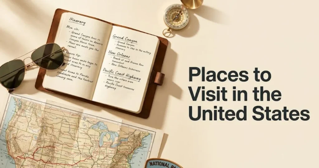 Editorial flat-lay composition with vintage travel objects and the headline Places to Visit in the United States, styled as a travel magazine hero banner.