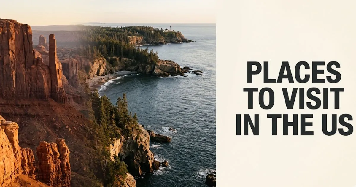 Editorial hero banner showing dramatic US landscape with bold headline text reading Places to Visit in the US