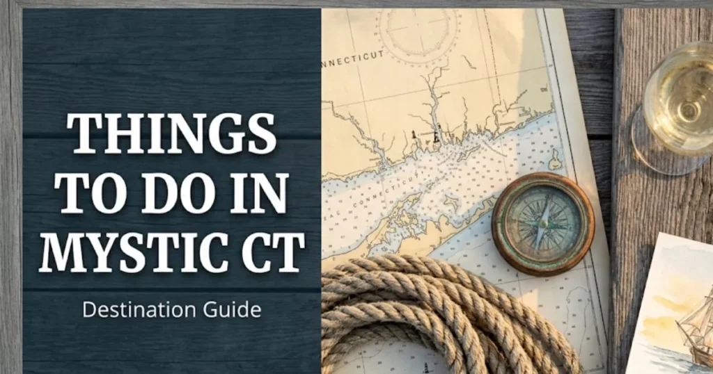 Editorial travel banner for things to do in Mystic CT featuring nautical objects and a coastal Connecticut map on a weathered dock surface.