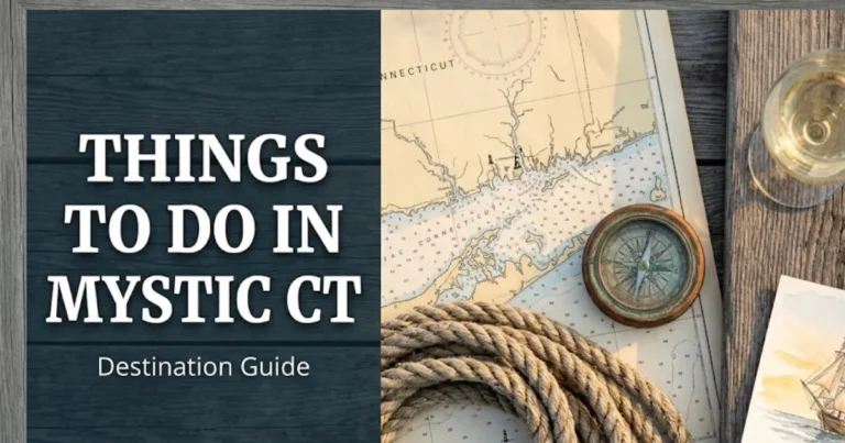 Editorial travel banner for things to do in Mystic CT featuring nautical objects and a coastal Connecticut map on a weathered dock surface.