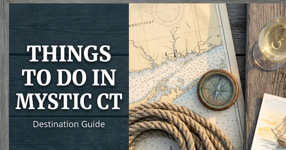 Editorial travel banner for things to do in Mystic CT featuring nautical objects and a coastal Connecticut map on a weathered dock surface.