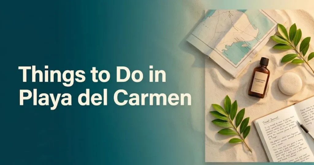 Editorial travel flat-lay with Caribbean teal tones and the text Things to Do in Playa del Carmen as a bold headline