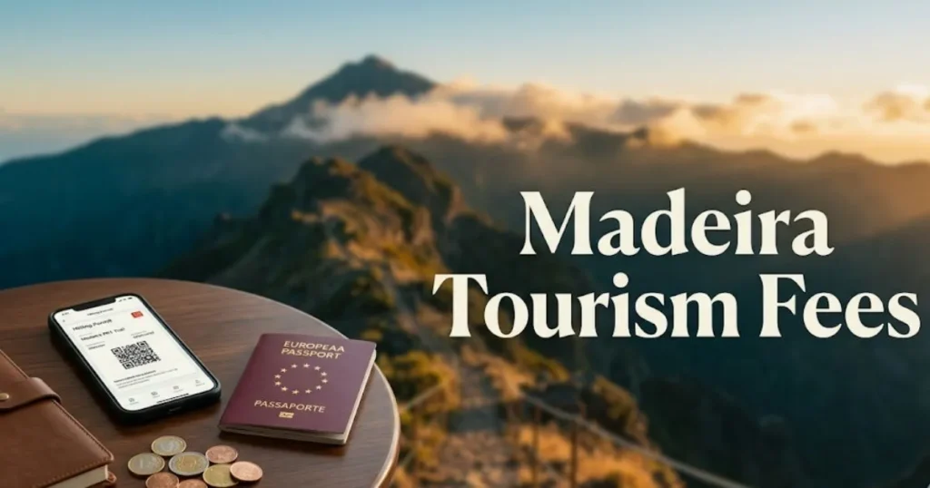 Editorial travel planning setup for Madeira tourism fees, with a smartphone permit, euro coins, and the PR1 hiking trail background.