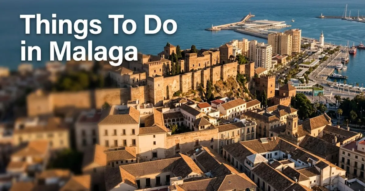 Elevated golden-hour view of Málaga's Alcazaba fortress and harbor for a guide to things to do in Malaga