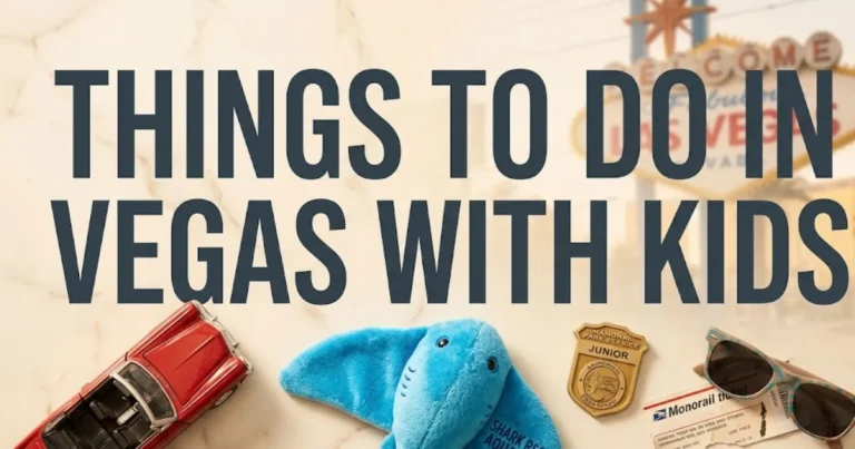 Flat-lay photo with the title things to do in vegas with kids surrounded by family travel objects like a toy car, shark plush, and junior ranger badge.