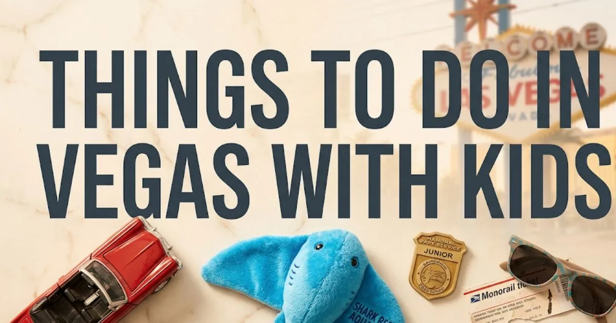 Flat-lay photo with the title things to do in vegas with kids surrounded by family travel objects like a toy car, shark plush, and junior ranger badge.