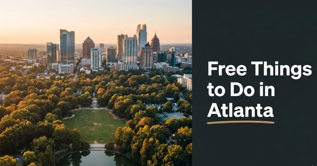Free things to do in Atlanta, Georgia, featuring Piedmont Park and Midtown skyline at golden hour