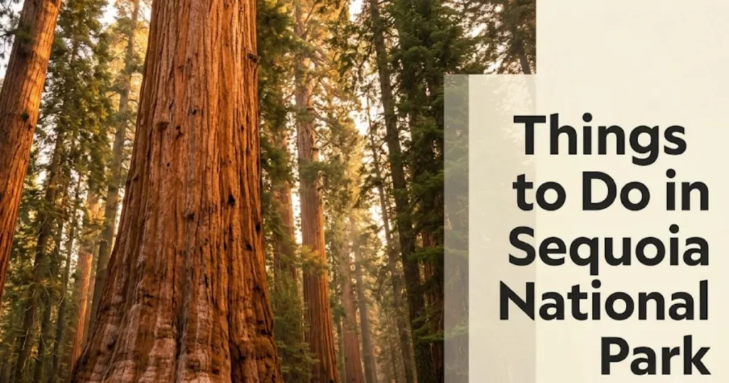 Giant sequoias in Sequoia National Park's Giant Forest with editorial headline text reading Things to Do in Sequoia National Park