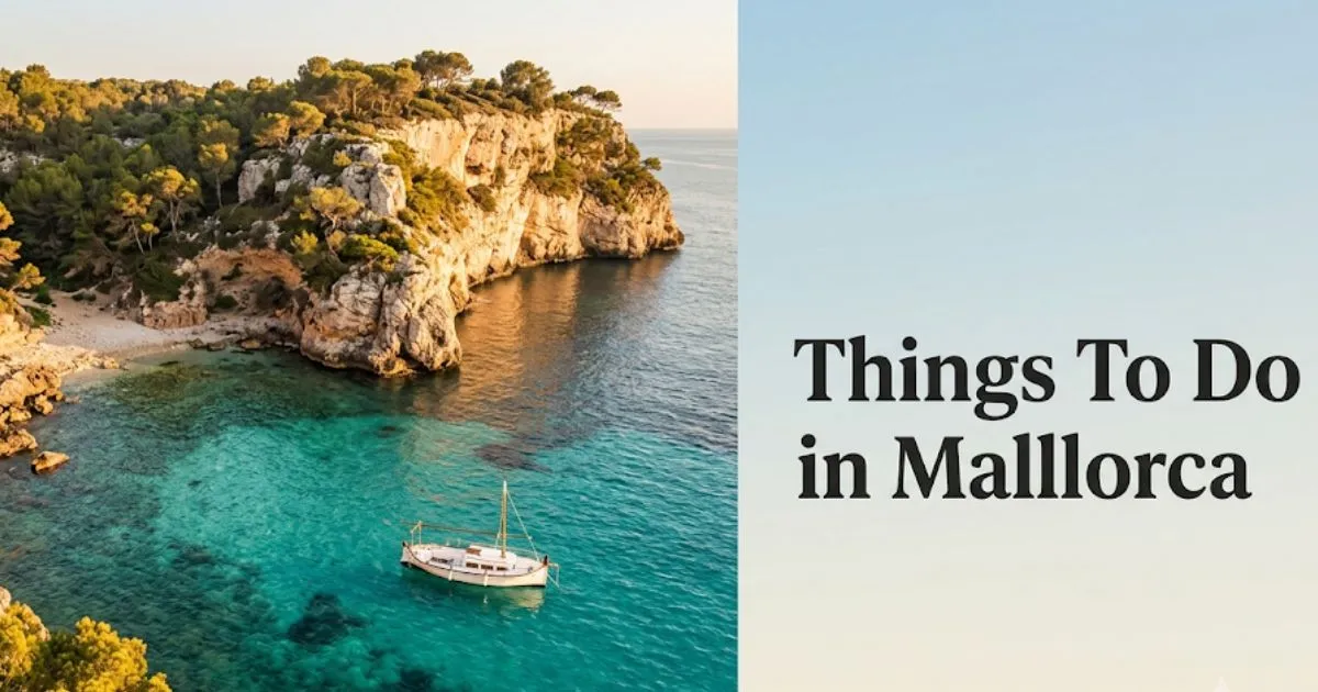 Golden-hour aerial view of a Mallorca limestone cove with turquoise water and headline text reading Things To Do in Mallorca