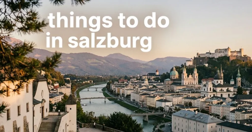 Golden hour view of Hohensalzburg Fortress and the Old Town from Kapuzinerberg hill with headline things to do in salzburg