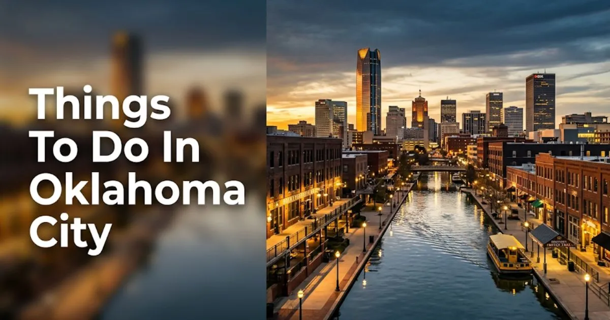 Golden-hour view of Oklahoma City's Bricktown Canal skyline, hero image for things to do in Oklahoma City travel guide.