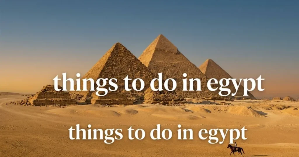 Golden hour view of the Giza pyramids with things to do in egypt title text over the desert sand.