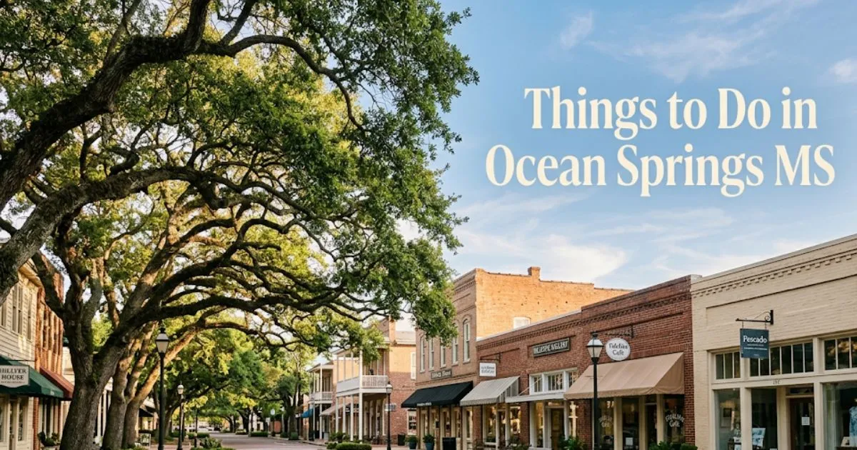 Government Street in Ocean Springs MS shaded by historic live oak trees, showcasing the walkable downtown art district.