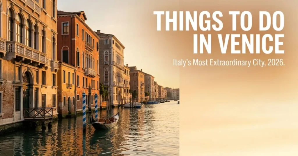 Grand Canal golden-hour view in Venice Italy with Things to Do in Venice text overlay for 2026 travel guide