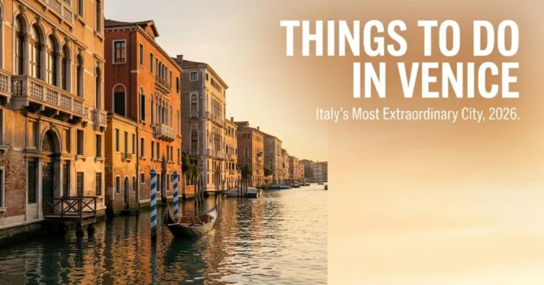 Grand Canal golden-hour view in Venice Italy with Things to Do in Venice text overlay for 2026 travel guide
