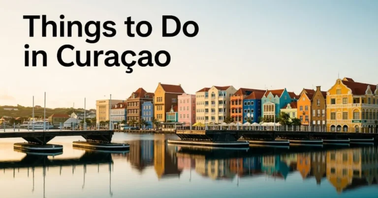Handelskade waterfront in Willemstad, Curaçao, with colorful Dutch colonial buildings reflecting in the bay, a featured destination in a comprehensive things to do in Curaçao travel guide.