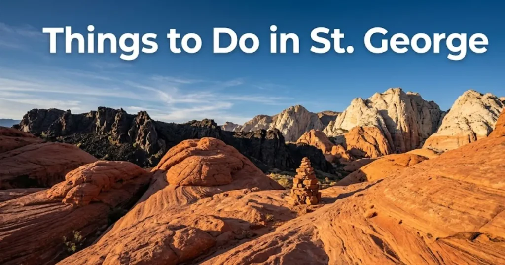 Hiker on red sandstone trail in Snow Canyon State Park, highlighting the best things to do in St. George Utah.