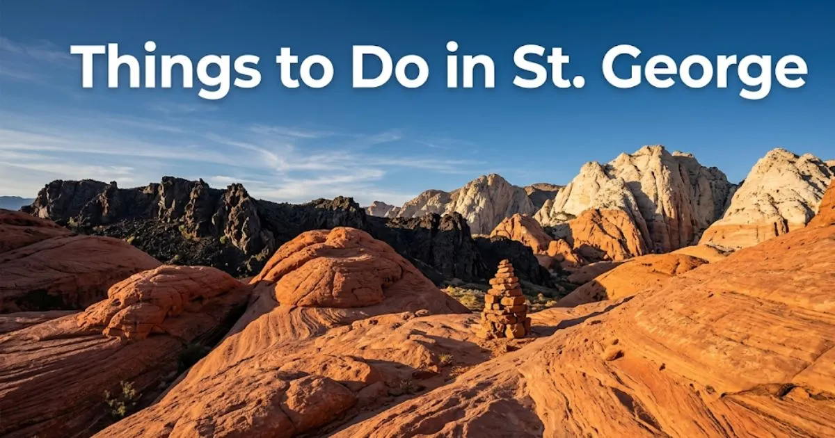 Hiker on red sandstone trail in Snow Canyon State Park, highlighting the best things to do in St. George Utah.