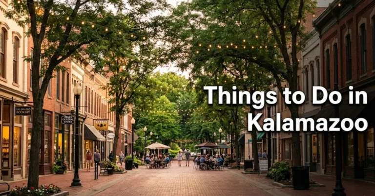 Kalamazoo Mall pedestrian street at golden hour with the article headline “Things to Do in Kalamazoo” overlaid on the warm-toned editorial travel image.
