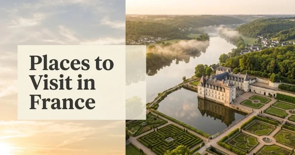 Loire Valley château reflected in the river at golden hour, editorial hero image for places to visit in France travel guide.