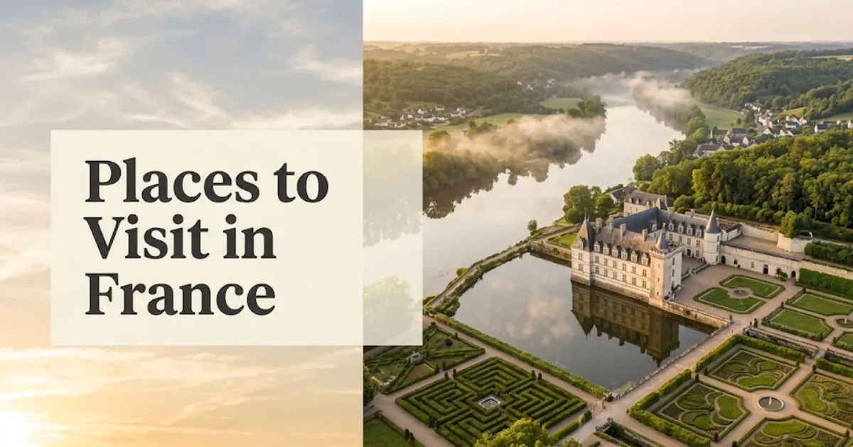 Loire Valley château reflected in the river at golden hour, editorial hero image for places to visit in France travel guide.