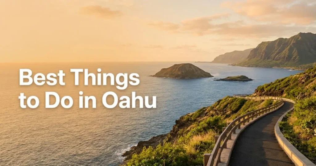 Makapu’u Lighthouse Trail coastal view with headline Best Things to Do in Oahu overlaid on golden-hour ocean scene.
