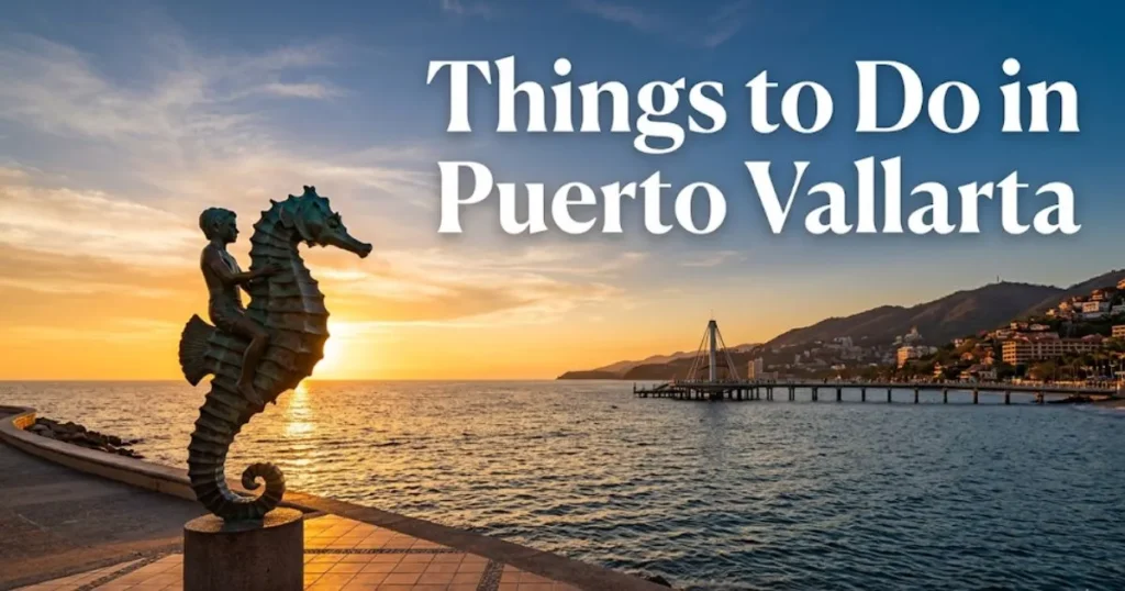 Malecón promenade at sunset with bronze sculpture and Banderas Bay, one of the best things to do in Puerto Vallarta.