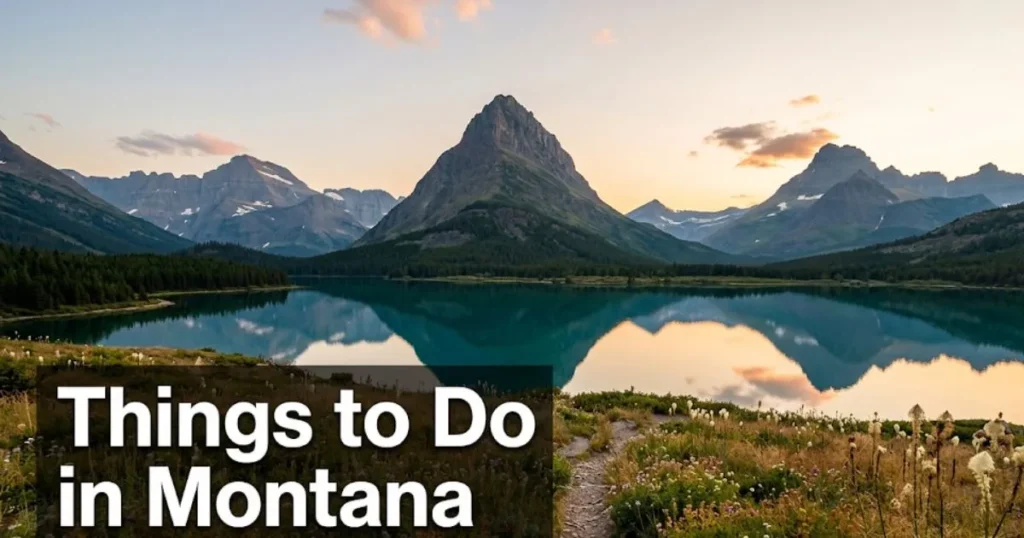 Many Glacier Valley alpine lake at golden hour with Things to Do in Montana headline text overlay for 2026 travel guide hero banner.