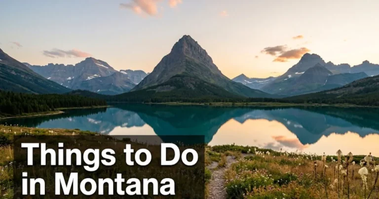 Many Glacier Valley alpine lake at golden hour with Things to Do in Montana headline text overlay for 2026 travel guide hero banner.