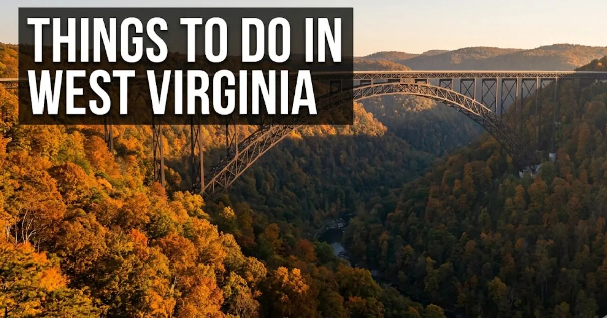 New River Gorge Bridge arching over autumn foliage canyon in West Virginia, headline text reading things to do in west virginia