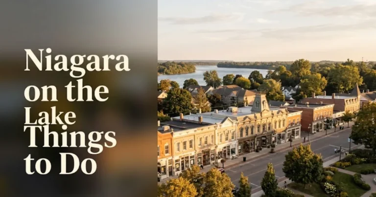 Niagara on the Lake things to do guide showing Queen Street heritage storefronts in golden-hour light with the Niagara River in the background.