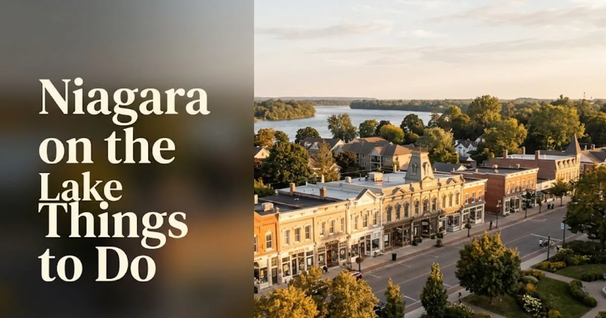 Niagara on the Lake things to do guide showing Queen Street heritage storefronts in golden-hour light with the Niagara River in the background.