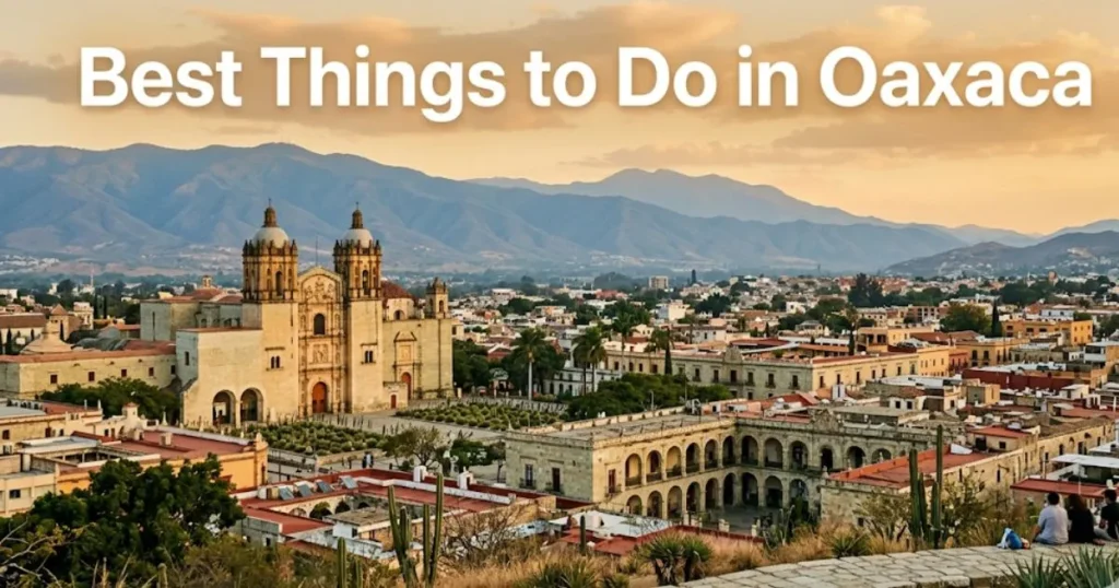 Oaxaca city skyline with Santo Domingo church at golden hour and Best Things to Do in Oaxaca headline text