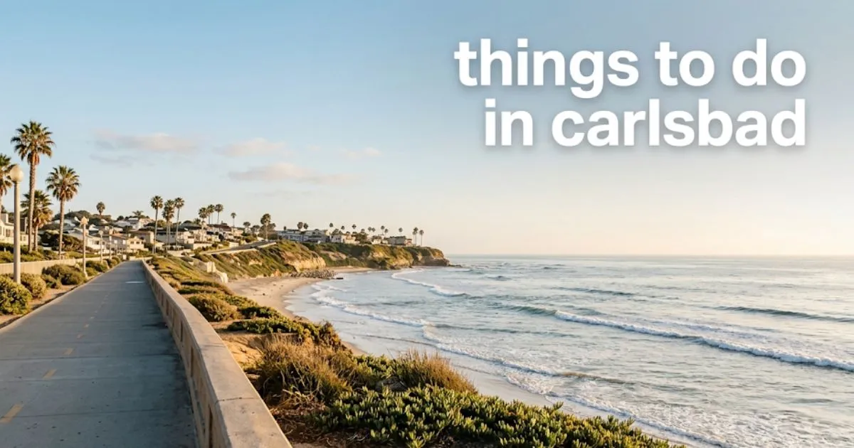 Oceanfront walking path along the Carlsbad sea wall with Pacific Ocean views under morning light, highlighting the best things to do in Carlsbad.