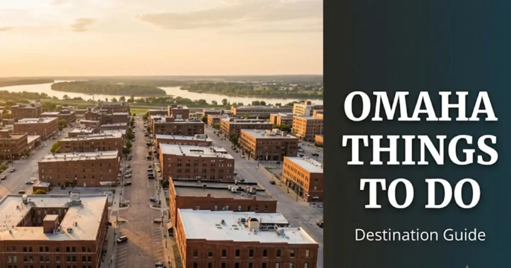 Omaha things to do guide golden-hour view of the Old Market District's brick streets with Missouri River in the background.