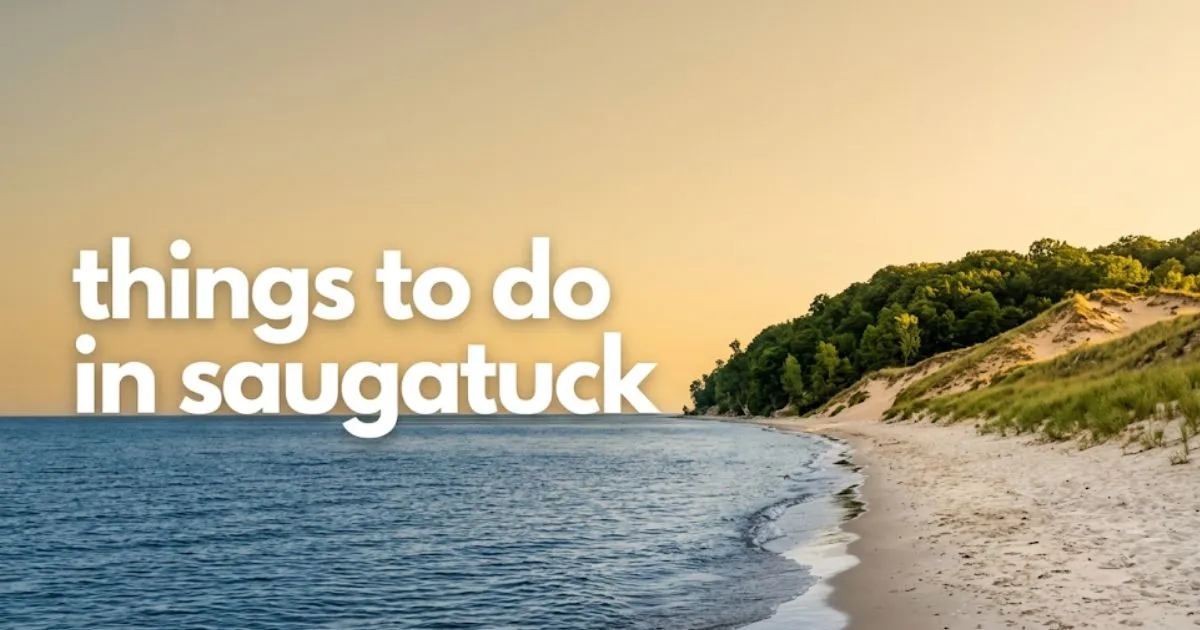 Oval Beach shoreline at sunset with the headline things to do in saugatuck in a clean modern font over the open water.