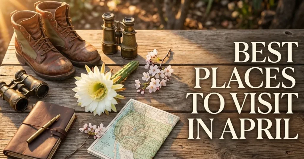 Overhead flat-lay of travel items and spring blooms with the text Best Places to Visit in April for a seasonal US travel guide.