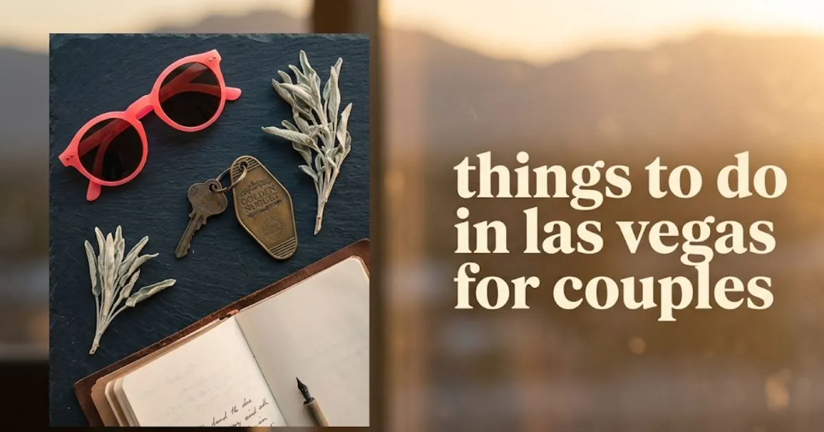 Overhead flat lay of vintage Vegas items and desert sage with the headline things to do in las vegas for couples.