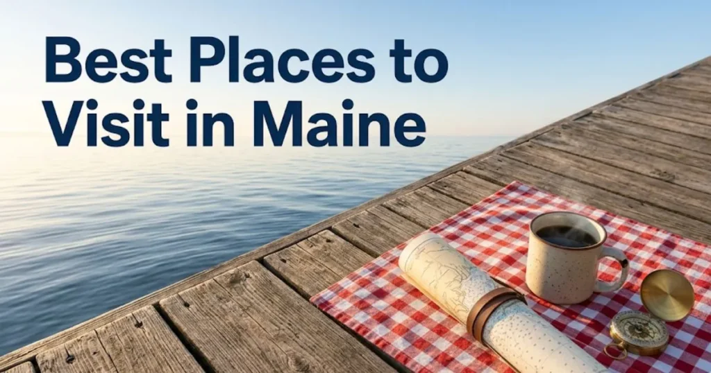 Overhead shot of a travel planning scene on a Maine dock with text reading Best Places to Visit in Maine.
